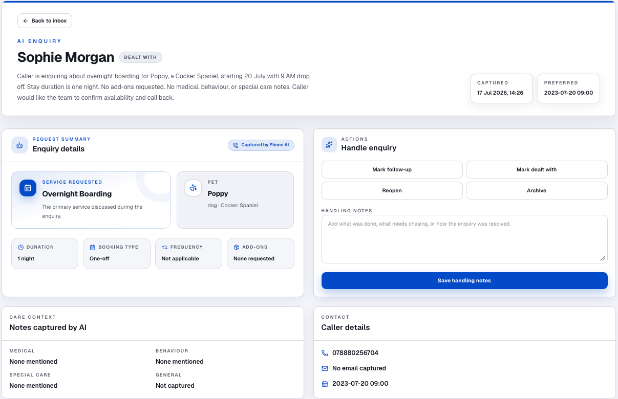 NumaPet AI daycare enquiry showing the request summary and enquiry handling controls