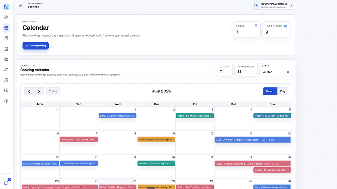 NumaPet booking calendar illustrating cattery bookings across the month