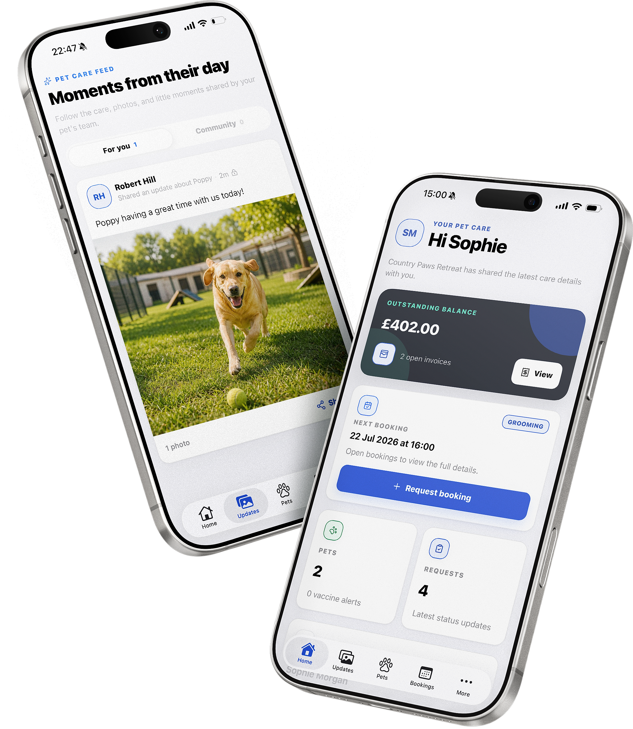 Two NumaPet customer app screens showing a pet update and upcoming cattery booking
